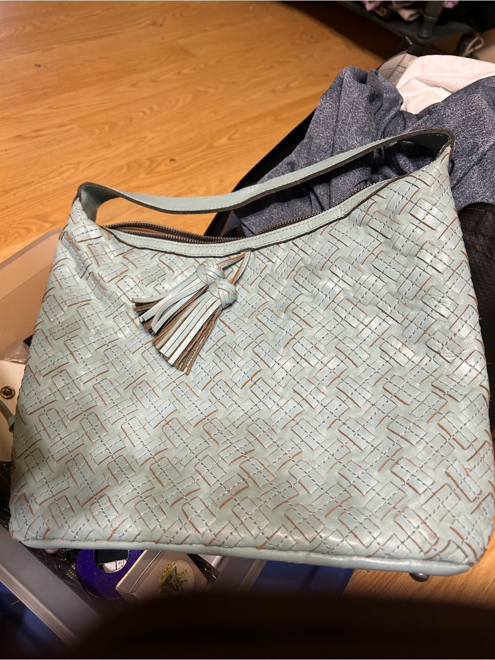 Patricia Nash Light Blue Woven Leather Tassel Shoulder Bag